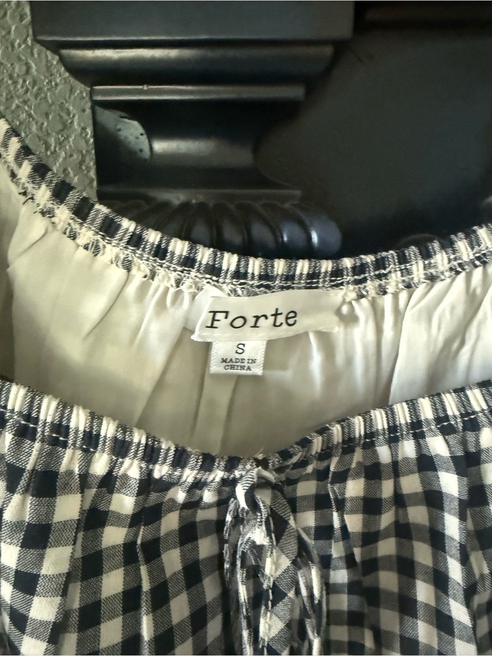 Forte Black and White Gingham Peasant Top